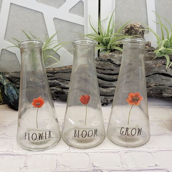 Rae Dunn BLOOM, FLOWER, GROW Set of 3 Glass Bud Vases - Picture 2 of 11